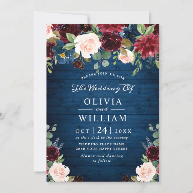 Burgundy Navy Blue Blush Rustic Floral Wedding Invitation | Zazzle