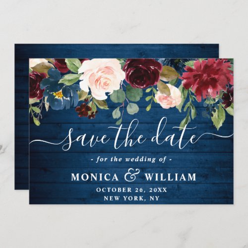 Burgundy Navy Blue Blush Rustic Floral Wedding Save The Date