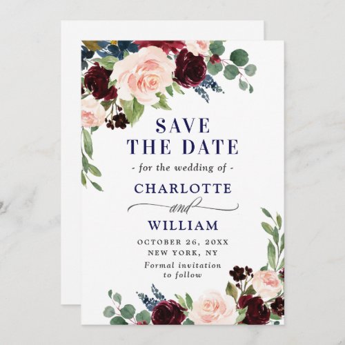 Burgundy Navy Blue Blush Rustic Floral Wedding Save The Date