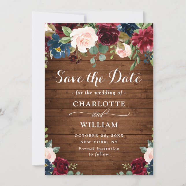 Burgundy Navy Blue Blush Rustic Floral Wedding Save The Date (Front)