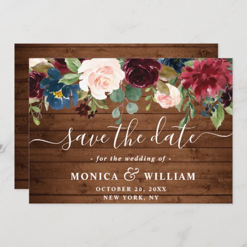 Burgundy Navy Blue Blush Rustic Floral Wedding Save The Date