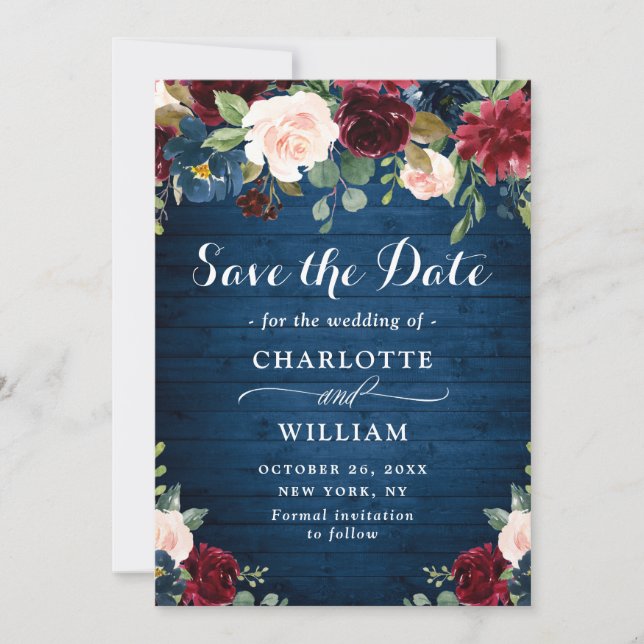 Burgundy Navy Blue Blush Rustic Floral Wedding Save The Date (Front)