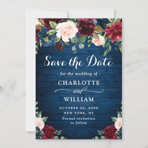 Burgundy Navy Blue Blush Rustic Floral Wedding Save The Date