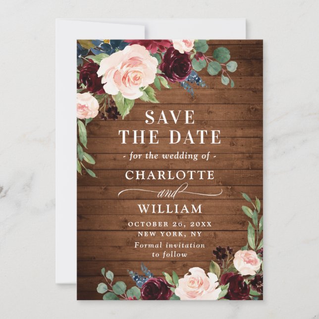 Burgundy Navy Blue Blush Rustic Floral Wedding Save The Date (Front)