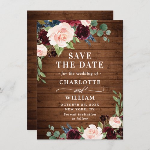 Burgundy Navy Blue Blush Rustic Floral Wedding Save The Date