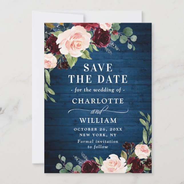 Burgundy Navy Blue Blush Rustic Floral Wedding Save The Date (Front)