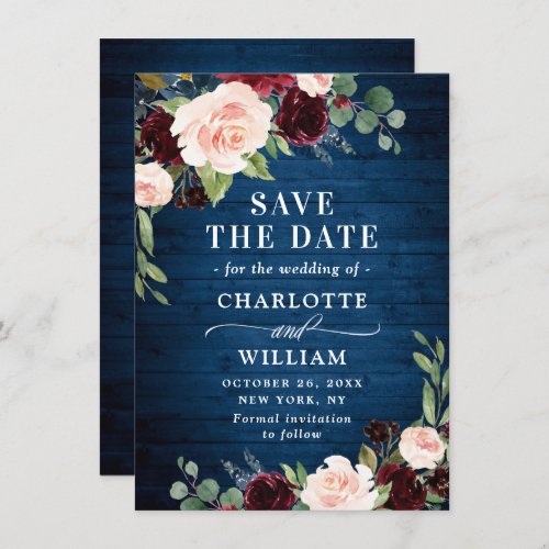 Burgundy Navy Blue Blush Rustic Floral Wedding Save The Date