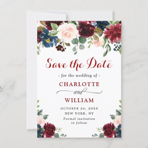 Burgundy Navy Blue Blush Rustic Floral Wedding Save The Date
