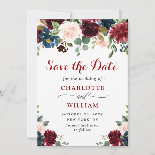 Burgundy Navy Blue Blush Rustic Floral Wedding Save The Date