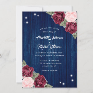 Burgundy Navy Blue Blush Rustic Wood Wedding Invitation