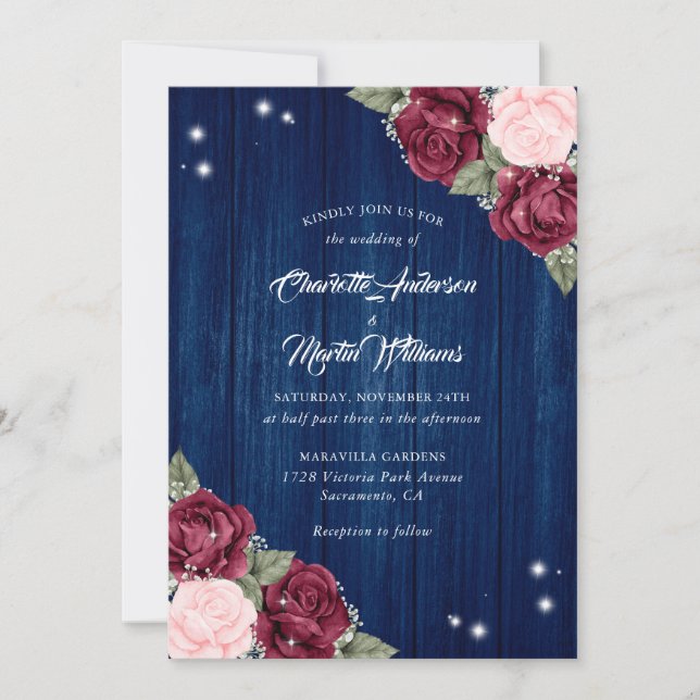 Burgundy Navy Blue Blush Rustic Wood Wedding Invitation (Front)