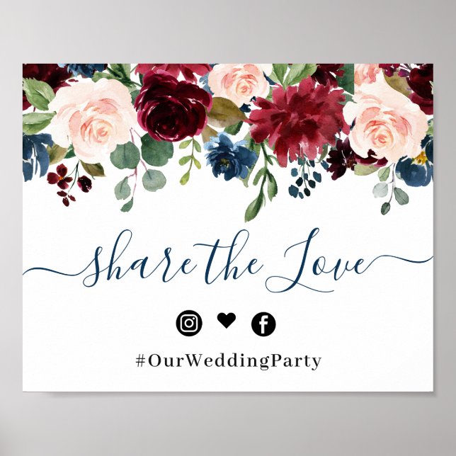 Burgundy Navy Blue Blush Share the Love Wedding Poster (Front)