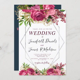 Burgundy navy blue blush silver Watercolor Bloom Invitation