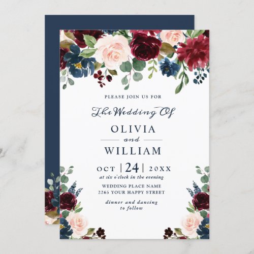 Burgundy Navy Blue Blush Watercolor Floral Wedding Invitation