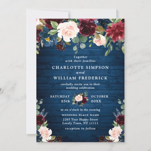 Burgundy Navy Blue Blush Watercolor Floral Wedding Invitation