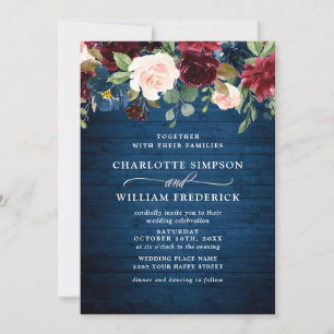 Burgundy Navy Blue Blush Watercolor Floral Wedding Invitation