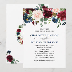 Burgundy Navy Blue Blush Watercolor Floral Wedding Invitation