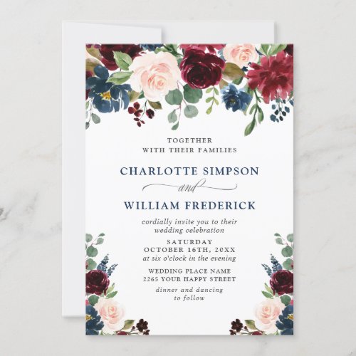 Burgundy Navy Blue Blush Watercolor Floral Wedding Invitation