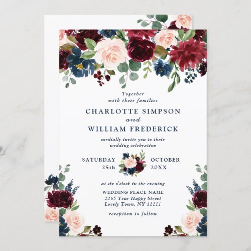 Burgundy Navy Blue Blush Watercolor Floral Wedding Invitation