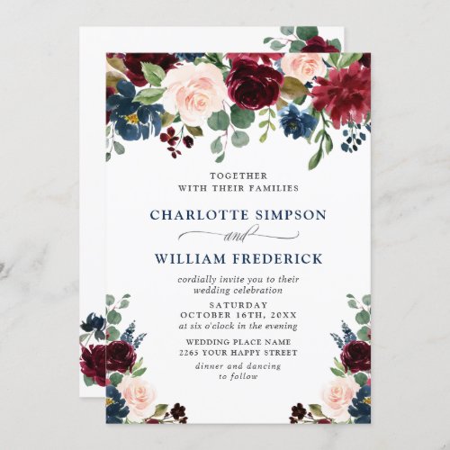 Burgundy Navy Blue Blush Watercolor Floral Wedding Invitation