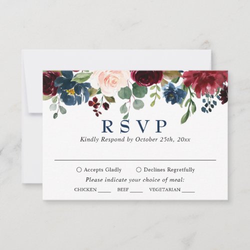 Burgundy Navy Blue Blush Watercolor Floral Wedding RSVP Card