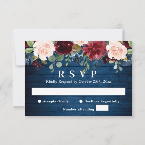 Burgundy Navy Blue Blush Watercolor Floral Wedding RSVP Card