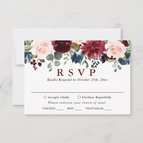 Burgundy Navy Blue Blush Watercolor Floral Wedding RSVP Card