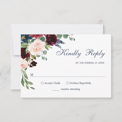 Burgundy Navy Blue Blush Watercolor Floral Wedding RSVP Card