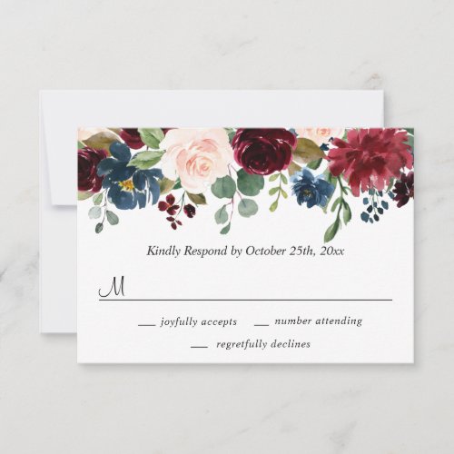 Burgundy Navy Blue Blush Watercolor Floral Wedding RSVP Card