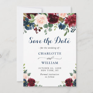 Burgundy Navy Blue Blush Watercolor Floral Wedding Save The Date