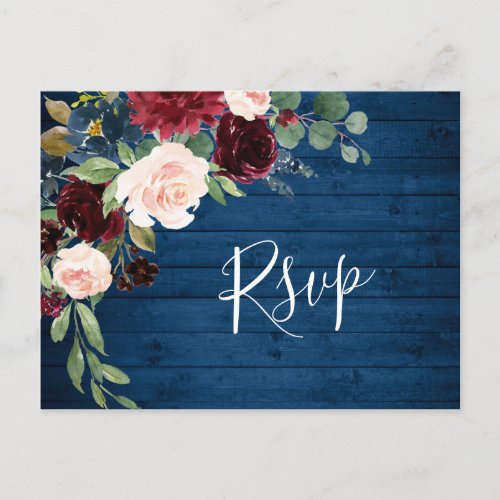 Burgundy Navy Blue Blush Watercolor Wedding RSVP Postcard
