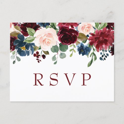 Burgundy Navy Blue Blush Watercolor Wedding RSVP Postcard