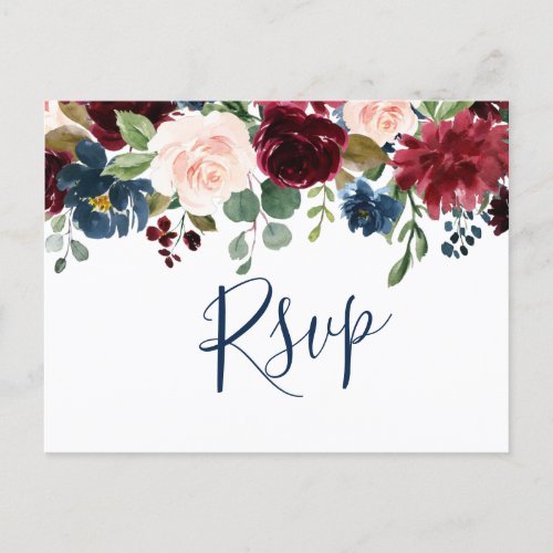 Burgundy Navy Blue Blush Watercolor Wedding RSVP Postcard