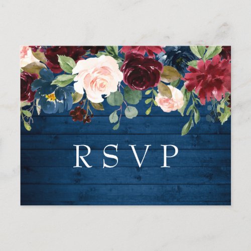 Burgundy Navy Blue Blush Watercolor Wedding RSVP Postcard