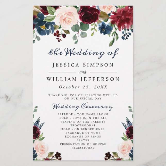 Burgundy Navy Blue Blush Wedding Ceremony Program (Front)