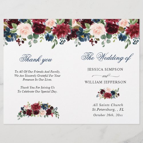 Burgundy Navy Blue Blush Wedding Ceremony Program