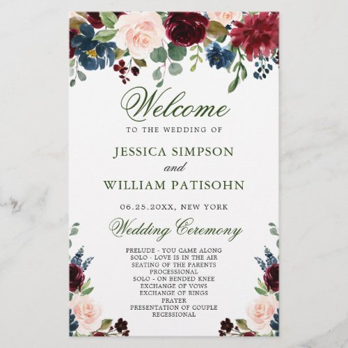 Burgundy Navy Blue Blush Wedding Ceremony Program