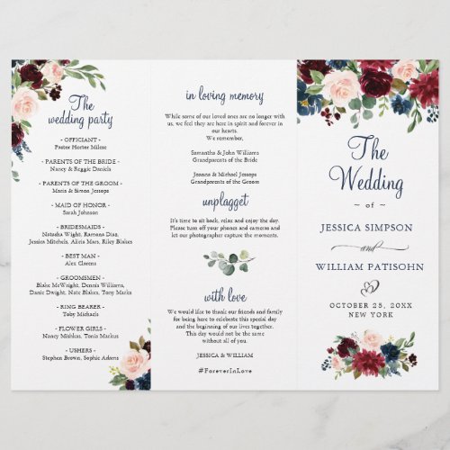 Burgundy Navy Blue Blush Wedding Ceremony Program