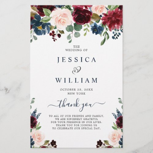 Burgundy Navy Blue Blush Wedding Ceremony Program