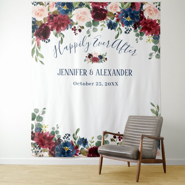Burgundy Navy Blue Blush Wedding Photo Backdrop (In Situ)