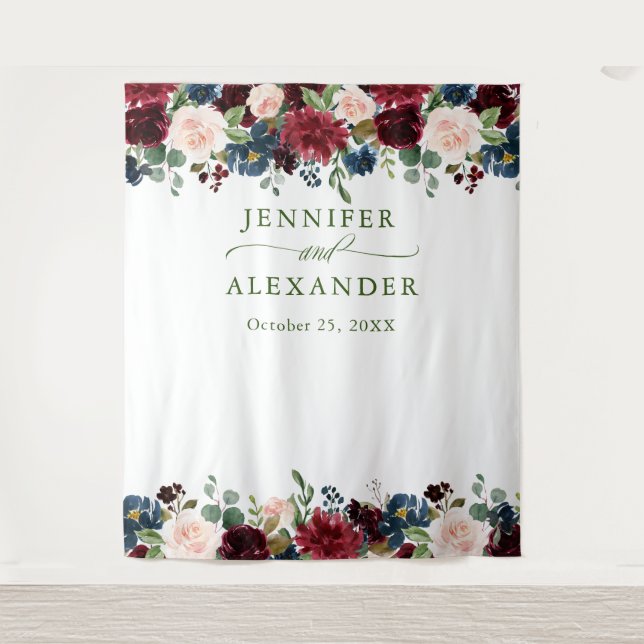 Burgundy Navy Blue Blush Wedding Photo Backdrop (Front)