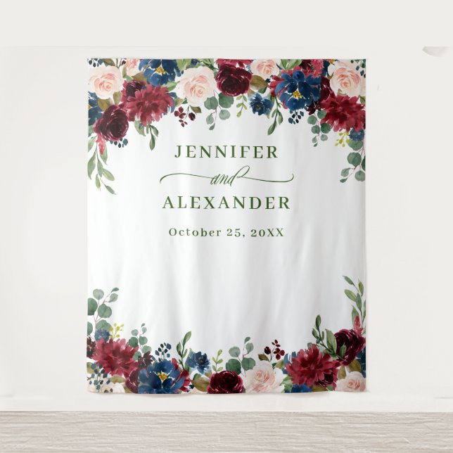 Burgundy Navy Blue Blush Wedding Photo Backdrop (Front)