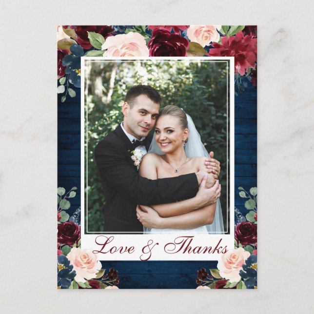 Burgundy Navy Blue Blush Wedding Photo Thank You Postcard (Front)