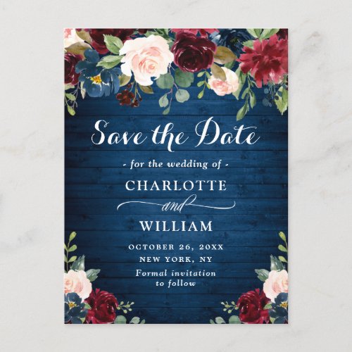 Burgundy Navy Blue Blush Wedding Save the Date Announcement Postcard