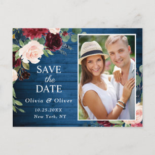 Burgundy Navy Blue Blush Wedding Save the Date Announcement Postcard