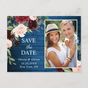 Burgundy Navy Blue Blush Wedding Save the Date Postcard