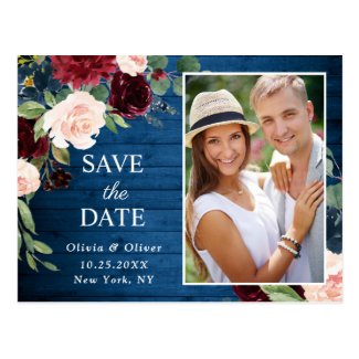 Burgundy Navy Blue Blush Wedding Save the Date Postcard