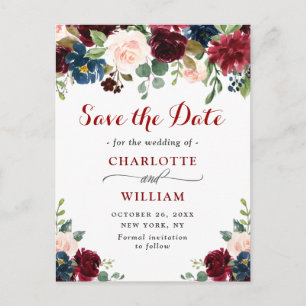 Burgundy Navy Blue Blush Wedding Save the Date Postcard