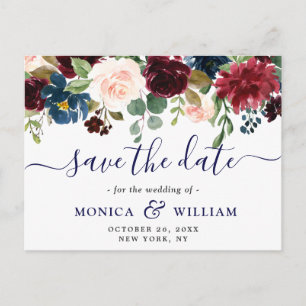 Burgundy Navy Blue Blush Wedding Save the Date Postcard