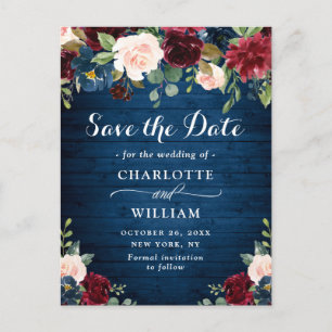Burgundy Navy Blue Blush Wedding Save the Date Postcard